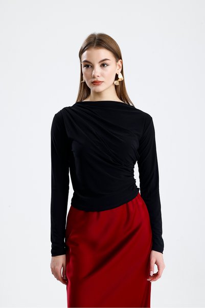 de zuzuu fashion Sandy Fabric Cross Ruched Detail Long Sleeve Blouse