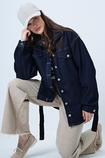 VAGGON Button-Up Denim Shirt with Belted Waist