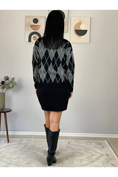 YusGos Women's Diamond Patterned Skirted Top and Bottom Knitwear Set