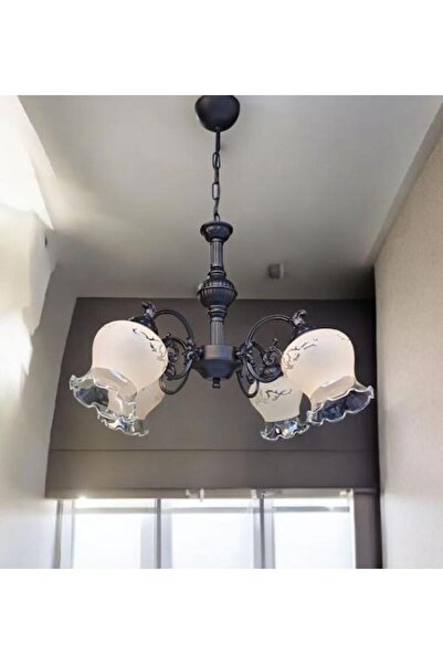 DEDE ÇİCEK KOL DÖRT KOLLU METAL ZAMAK AVİZE SİYAH STATİK BOYALI MAT SOMON CAMLI