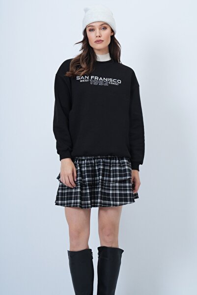 VAGGON Γυναικείο φούτερ μαύρο με λαιμόκοψη oversized με τύπωμα Vs01494