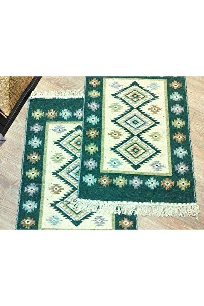 OEM 1+1 Traditional rugs, cotton, size 60 x 90 cm, green and cream, ROMB pattern