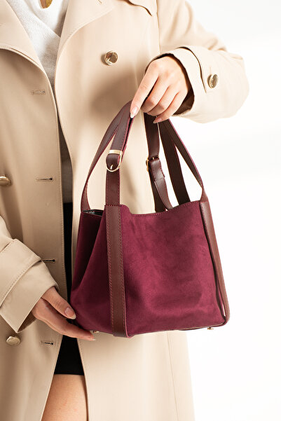 H&D COLLECTİON *** Suede Burgundy Women's Hand and Shoulder Bag