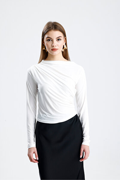 de zuzuu fashion Sandy Fabric Cross Ruched Detail Long Sleeve Blouse