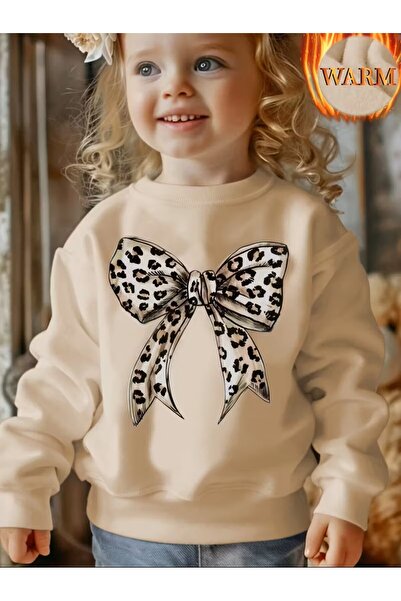 oneagılyazı Kız Çocuk Leopar Desenli Fiyonklu baskılı bisiklet yaka