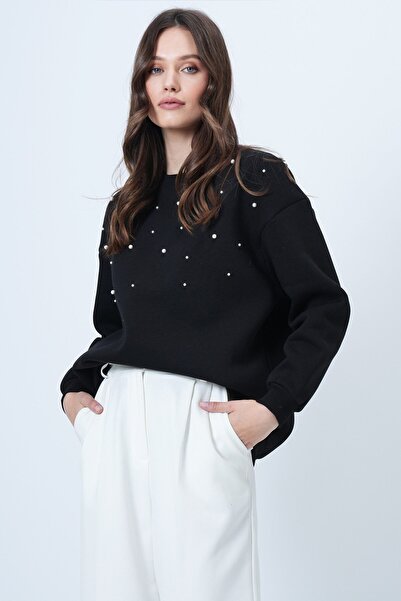 VAGGON Women's Black Crew Neck Pearl Detailed O Oversized Sweatshirt Vs01499