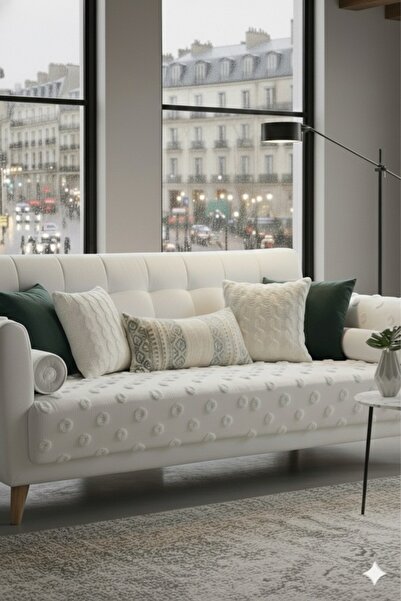 ARSEM EV TEKSTİL Pompon Sofa Cover Ecru 100X250Cm