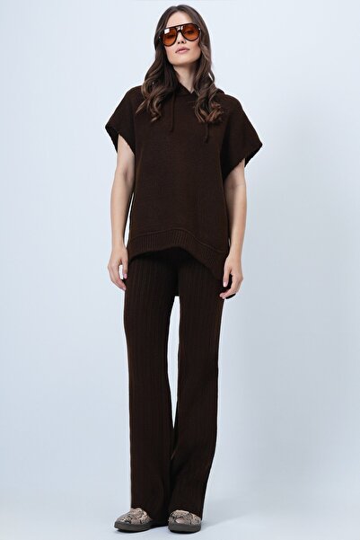 VAGGON Hooded Sleeveless Sweatshirt and Elastic Waist Pants Knitwear Set