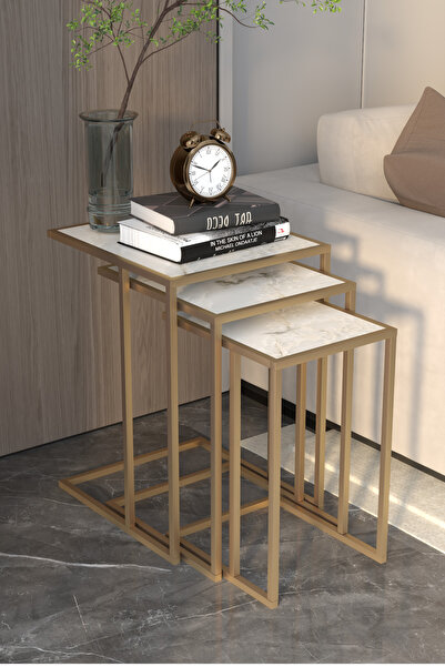 MİLVAKİ Zigon Sehpa Gold Modern 3 lü