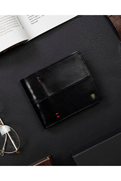 Other Men's horizontal wallet with red stitching, grain leather - Rovicky