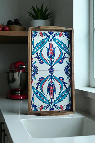 e-meta Kütahya Ceramic Wooden Serving Tray / Handmade Decorative Tray with Be...