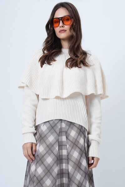 VAGGON Crew Neck Cape Detailed Corded Fabric Knitwear Sweater