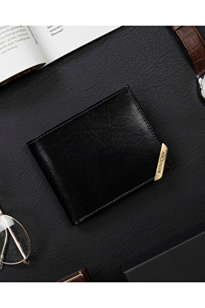 Other Men's horizontal wallet with gold accent, grain leather - Rovicky