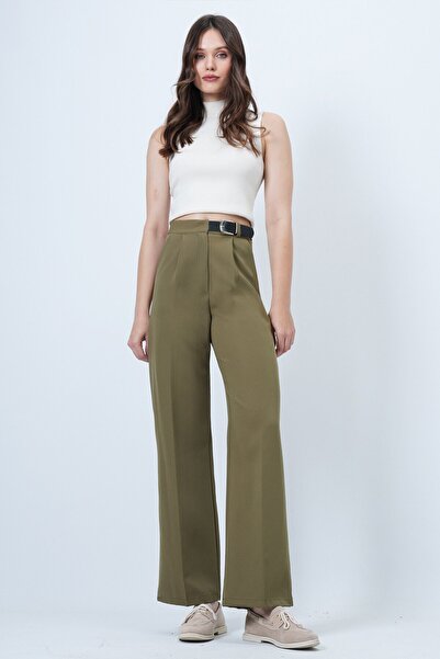 VAGGON Belted Button Closure Double Pocket Palazzo Pants