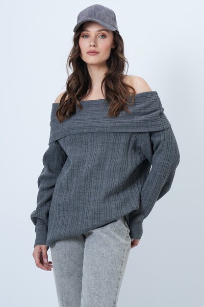 VAGGON Women's Anthracite Madonna Collar Corded Fabric Sweater Vs01459