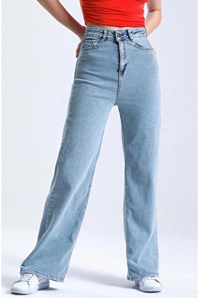 JAXEN BT11861984 Pantaloni de damă anii 90 croi larg pe picior Blue Snow Wash...