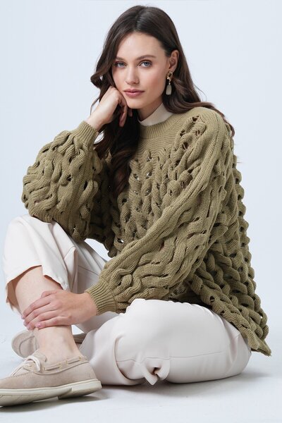 VAGGON Women's Khaki Crew Neck Lace-Like Knit Knitwear Sweater Vs01460