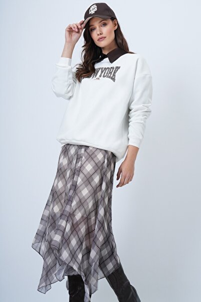 VAGGON Γυναικείο φούτερ εκρού με τύπωμα με λαιμόκοψη με 3 κλωστές Vs01486