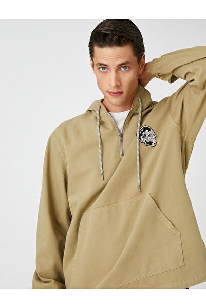 Koton Skull Embroidered Hooded Sweatshirt Pocket Detail Cotton