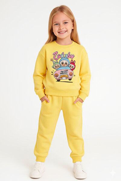LİTTLE TORTOİSE Girl's Printed Winter Fleece-Lined Sweatshirt / Tracksuit Set