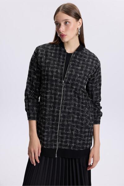 Zühre Patterned Zipper Closure Black Jacket C-0111