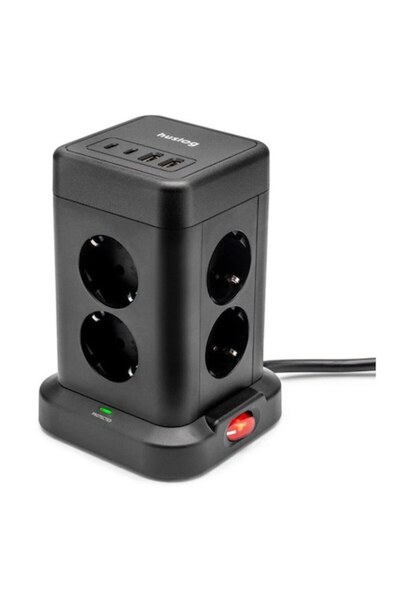 Huslog Prelungitor turn cu 8 prize, 4 USB, 1,7 m, negru