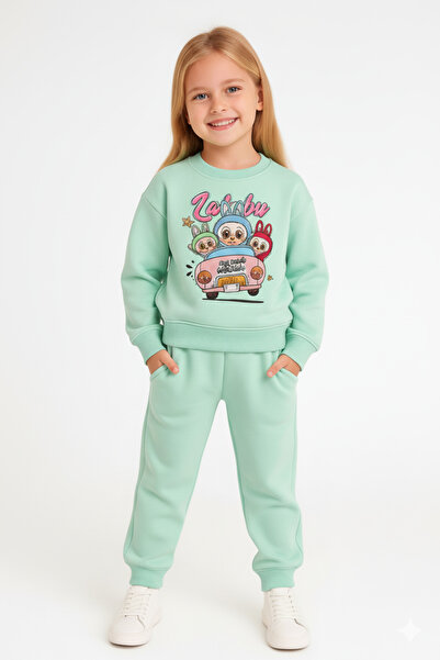 LİTTLE TORTOİSE Girl's Printed Winter Fleece-Lined Sweatshirt / Tracksuit Set