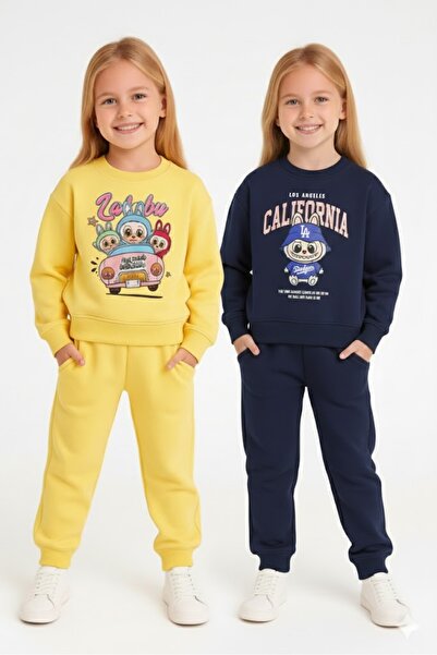 LİTTLE TORTOİSE Girl's Printed Winter Fleece-Lined Sweatshirt / Tracksuit Set