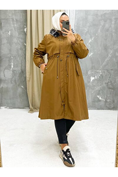 Vibeys Collection Tan Fur Lined and Waterproof Large Size Oversize Women's Winter Coat & Coat