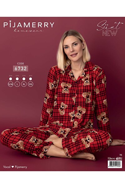 AdaTeks DÜĞMELİ KADIN PİJAMA TAKIMI AYICIK DESENLİ