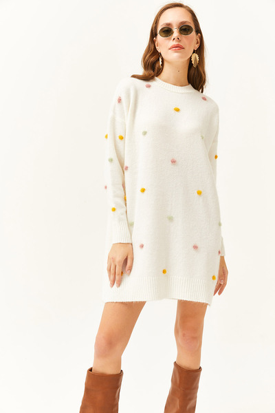 Olalook Kadın Ekru Ponponlu Yumuşak Dokulu Tunik Elbise ELB-19002561