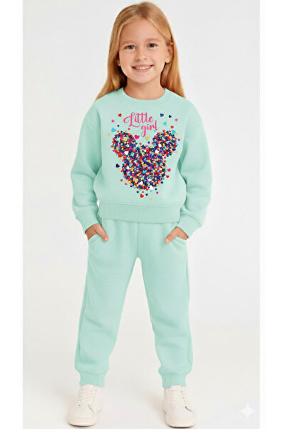 LİTTLE TORTOİSE Girl's Printed Winter Fleece-Lined Sweatshirt / Tracksuit Set