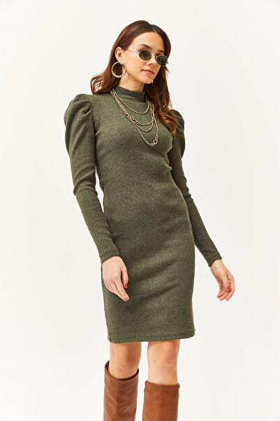 Olalook Kadın Haki Yarım Balıkçı Kol Detaylı Şardonlu Mini Elbise ELB-19002564