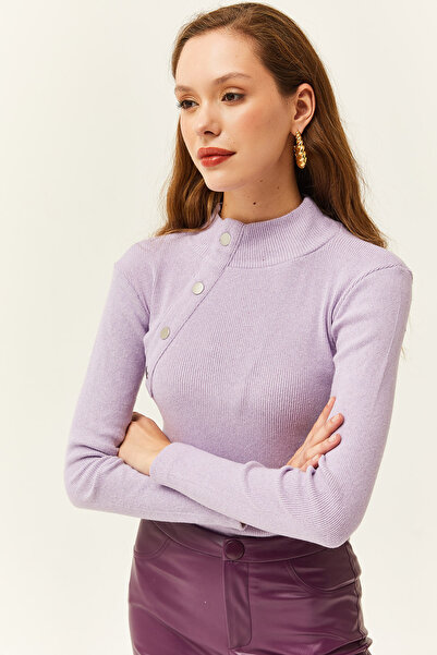 Olalook Kadın Lila Düğme Detaylı Yarım Balıkçı Şardonlu Esnekı Bluz BLZ-19003155