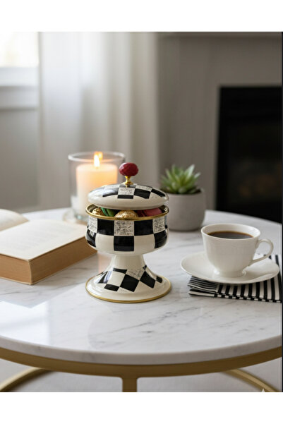 Paçi Dama Desenli Ayaklı Şekerlik Lüks Dekoratif Kutu Siyah Beyaz