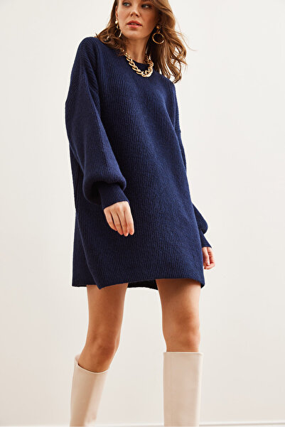 Olalook Kadın Lacivert Balon Kol Yumuşak Dokulu Triko Tunik Elbise ELB-19002560