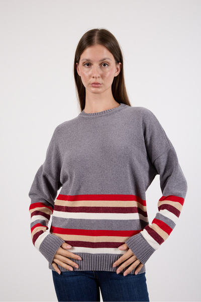 Clothes Fast Women's Gray Striped Crew Neck Chenille Velvet Knitwear Sweater