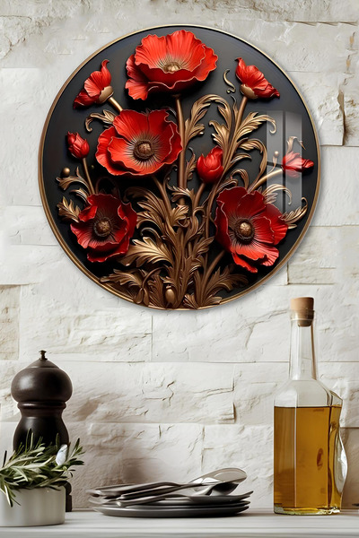 kutuTR 3D Görünümlü Temperli Cam Tablo – Kırmızı Çiçek Desenli Duvar Süsü UV ...