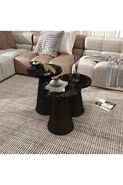 klubeconcept Siyah Mermer Desenli MDF Yan Sehpa Takımı – 3’lü Set