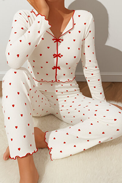 Biraltı Moda Long Sleeve Bow Detailed Combed Cotton Women's Pajama Set