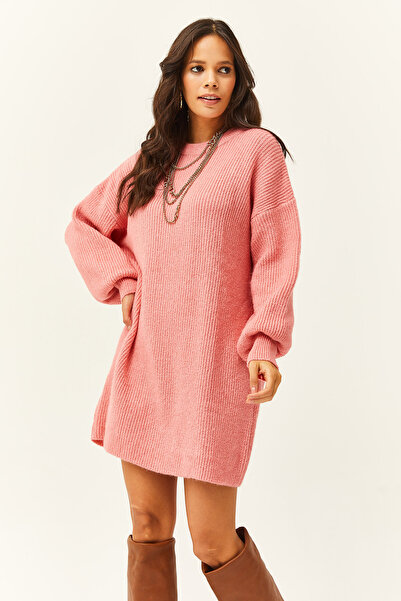 Olalook Kadın Pembe Balon Kol Yumuşak Dokulu Triko Tunik Elbise ELB-19002560
