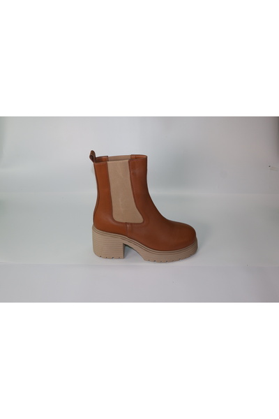 Moli Taba Rengi Kalın Krem/Bej Tabanlı Chelsea Bot | Elastik Yan Detaylı Yüksek Platform Bot