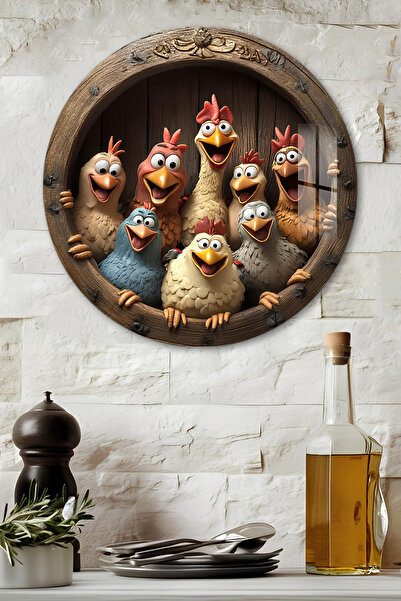 kutuTR 3D Görünümlü Temperli Cam Tablo – Sevimli Tavuklar Temalı Duvar Süsü U...