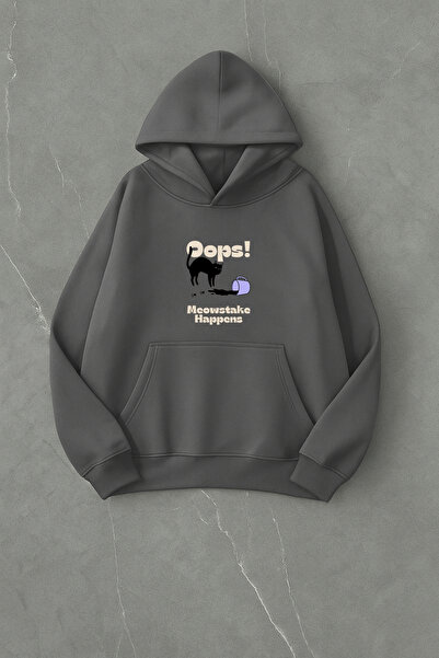 LORVEX سويت شيرت Meowstake Front Print قصة فضفاضة للجنسين بغطاء رأس