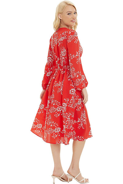 OEM Boho Midi Dress with Long Sleeves, V-Neck, Floral Print, Ideal for Fall or Summer, Size M
