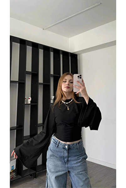 MetuCA Bluză crop din neopren pentru femei, neagră, cu guler înalt, dramatică...