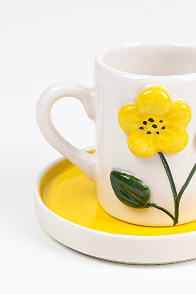 Loomart Çiçek Figürlü 2 Kişilik 4 Parça El Yapımı Kahve Fincanı Takımı