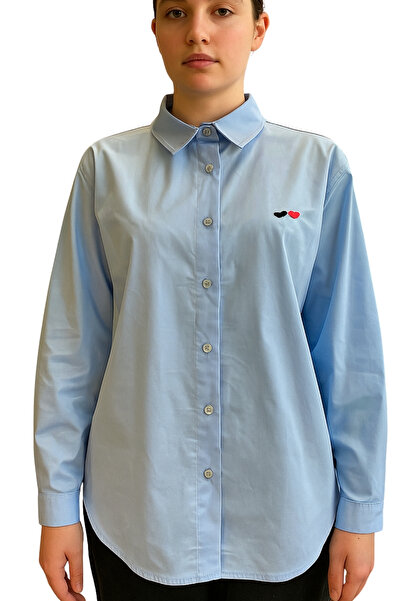 Qualia Butik Women's Collared Shirt with Heart Embroidery Detail