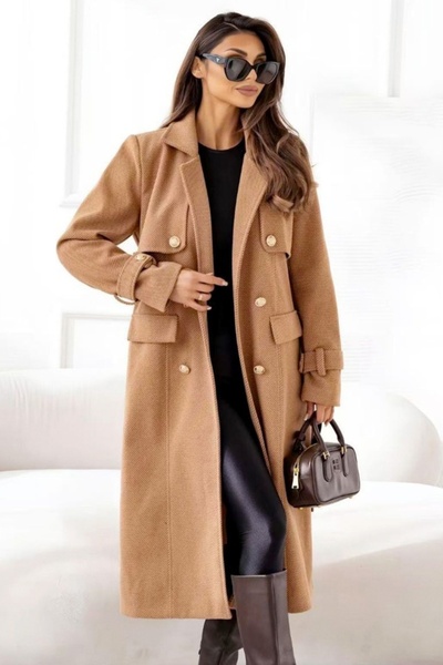 FashionForYou Elegant three-quarter coat VITTORIA, with gold buttons and drawstring, BROWN, Size S/M