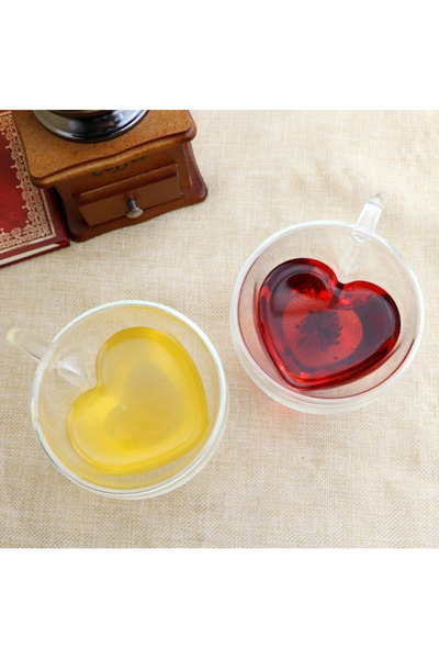 Herum Set de 4 căni cu pereți dubli, model inimă, din sticlă, rezistente la căldură, transparente, 250 ml